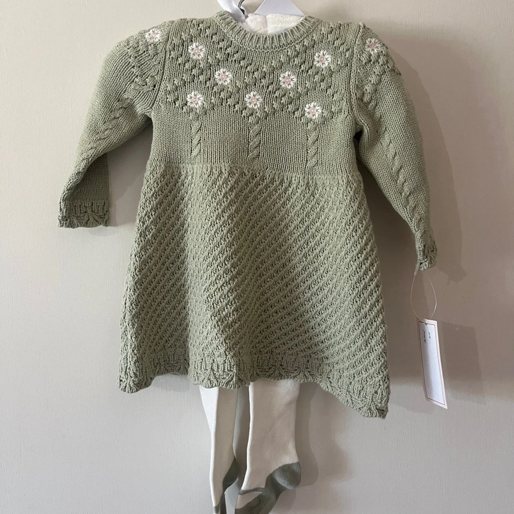 Pink and Green Knit Baby Dresses with Tights Bundle - Picture 7 of 8